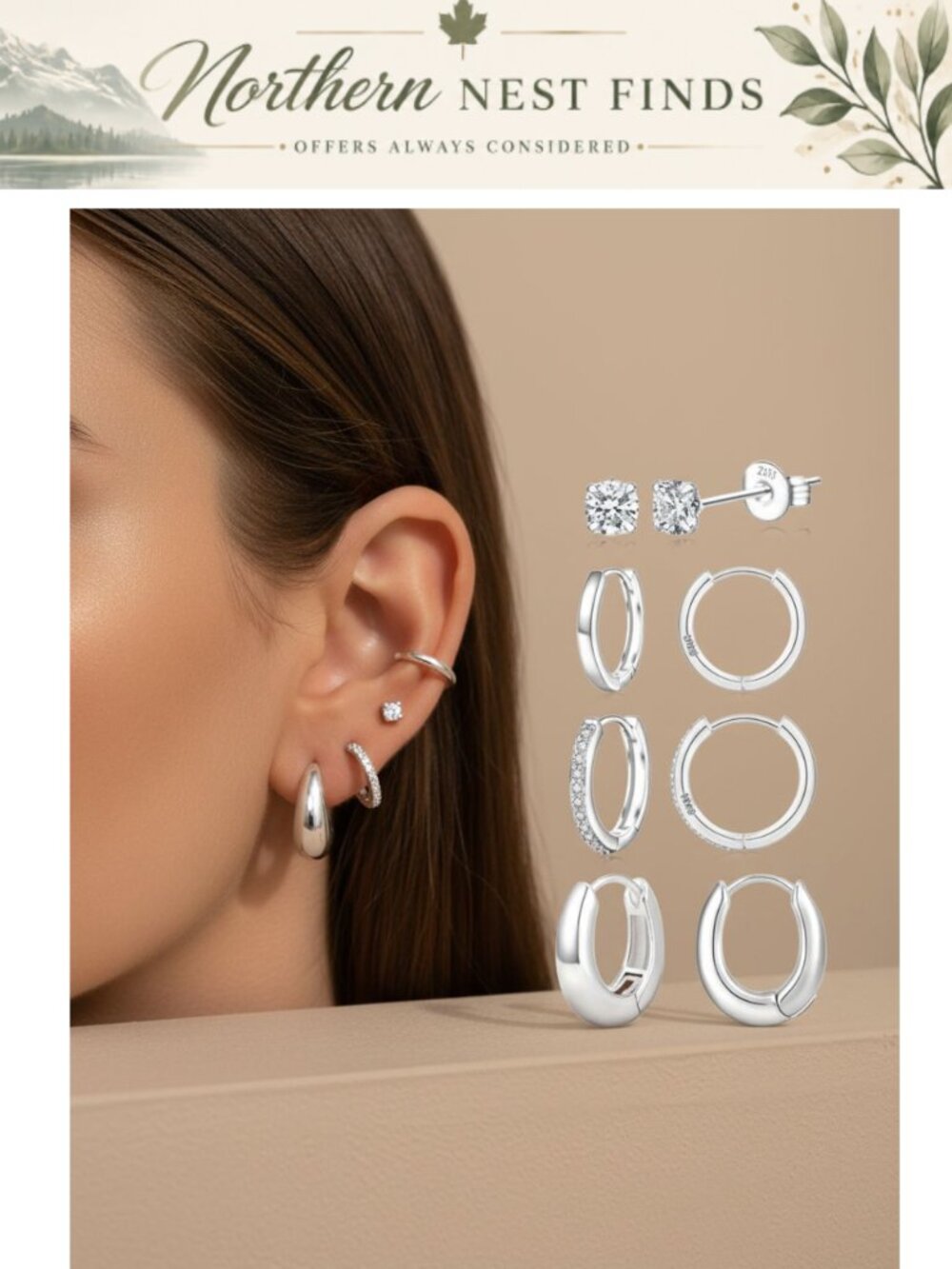 Sterling Silver Hoop Earrings Set Hypoallergenic Huggie Stud Chunky Dainty